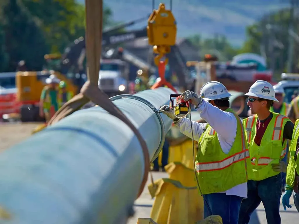 Construction workers in hard hats and vests performing a quality control inspection on a welded pipeline section while it is suspended by a lifting sling.