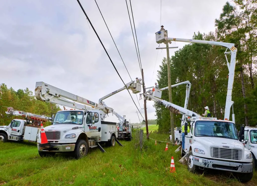 A line of white utility bucket trucks parked in a grassy field next to a forest. Several utility workers are elevated in the buckets, performing maintenance or repairs on power lines attached to a wooden utility pole.