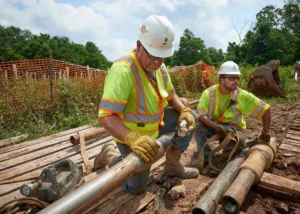 Two construction workers, wearing high-visibility vests, hard hats, and gloves, crouch on wooden mats in a grassy, dirt work area. The worker in the foreground handles a piece of metal drill pipe with threading, while another worker in the background assists, surrounded by orange safety fencing and green trees.