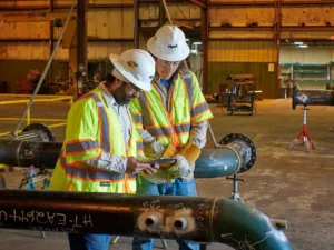 Two pipefitters or construction engineers, wearing hard hats and high-visibility vests, stand in a fabrication shop reviewing information on a digital tablet while inspecting a section of pipe with welded flanges and handwritten markings.