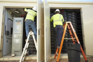 two worker standing on a ladder in a construction worksite