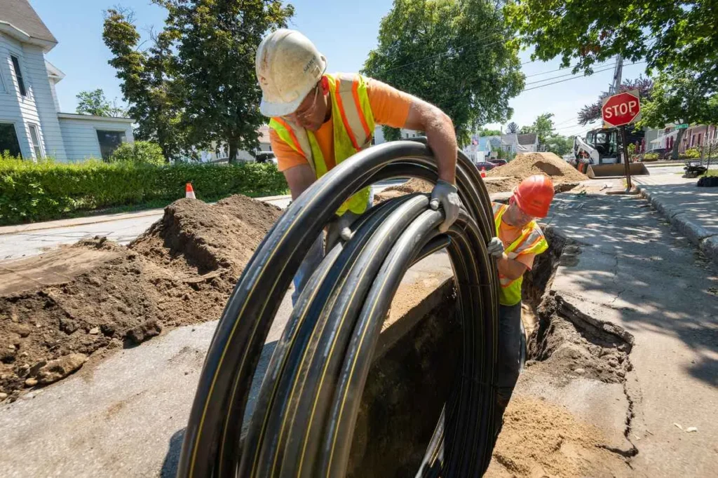 Two construction workers in hard hats and safety vests are carefully feeding a large, coiled bundle of thick black pipe or conduit into a narrow trench dug into an asphalt road in a residential area.