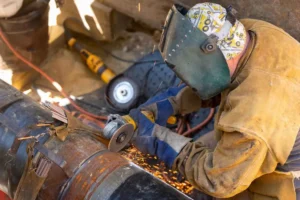 A construction worker wearing a welding hood and protective leather jacket uses an angle grinder to cut or clean a large, rusty pipe, generating a shower of bright sparks.