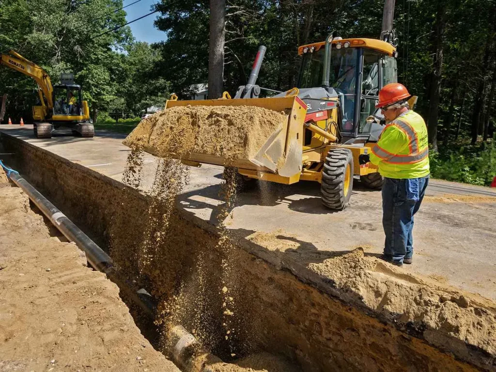 A construction worker in an orange hard hat and high-visibility vest supervises a yellow backhoe loader as it dumps a bucketful of dirt back into a deep, narrow utility trench on a sunny day. A small excavator is visible in the background.