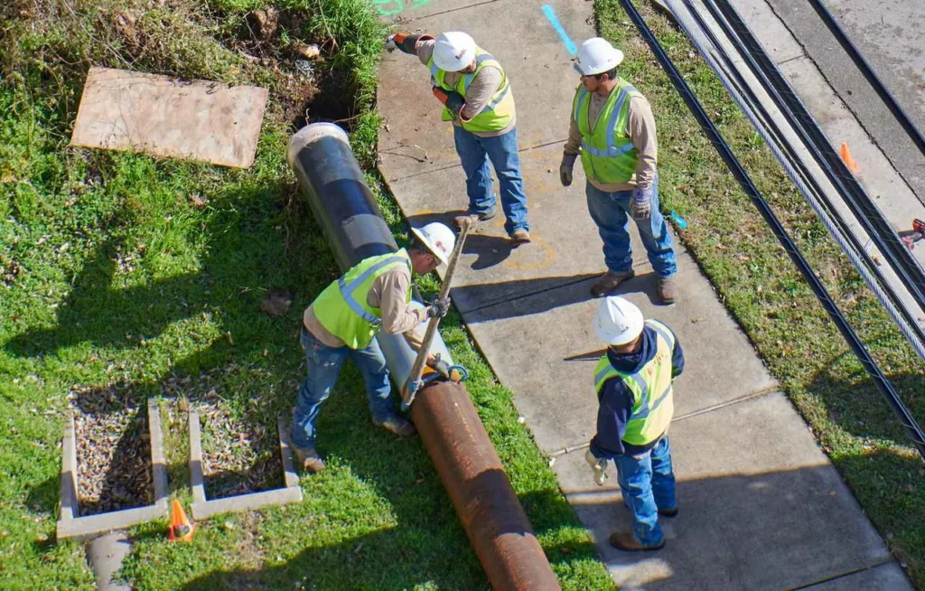 Overhead shot of four construction workers in hard hats and high-visibility vests working on a large, exposed metal pipe lying on a sidewalk next to a grassy area with an open trench.