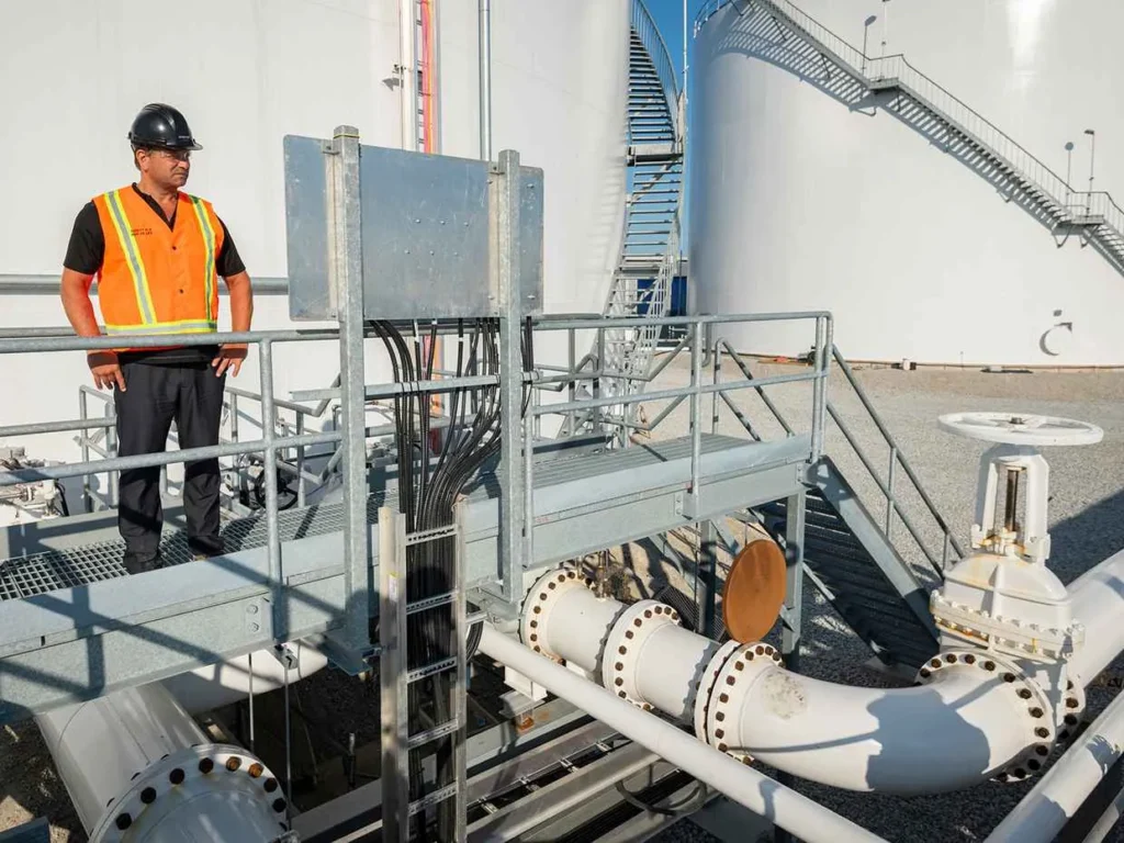 An inspector or engineer in a black hard hat and orange safety vest stands on a metal platform near large white industrial storage tanks and piping.