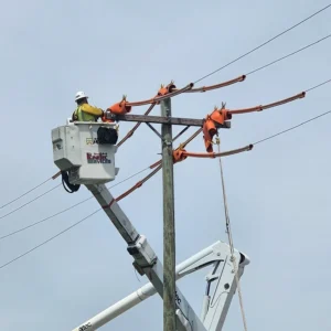 one worker on powerlines