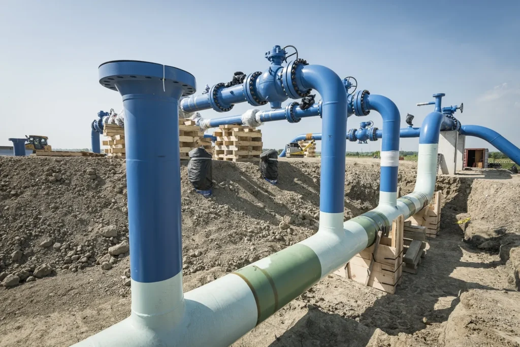 A large, industrial pipeline system with blue and white pipes, valves, and flanges is visible in a trench at a construction site.