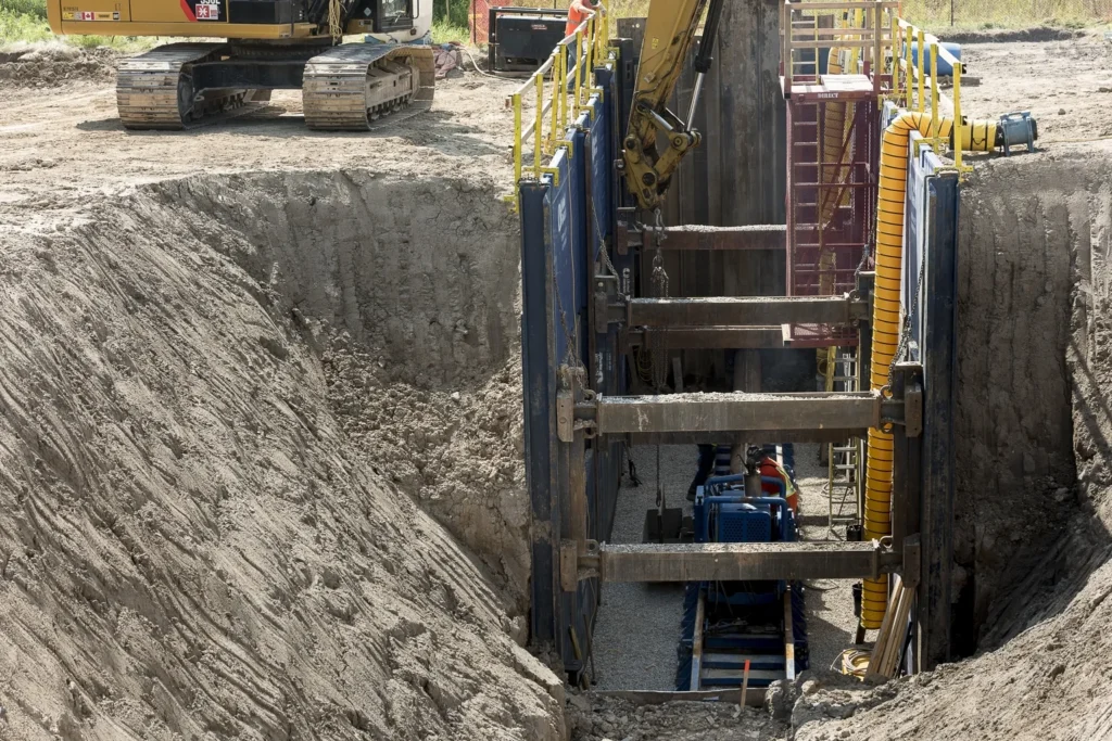 A deep trench at a construction site with a metal shoring system. An excavator is visible on the ground level, and workers are in the trench below.