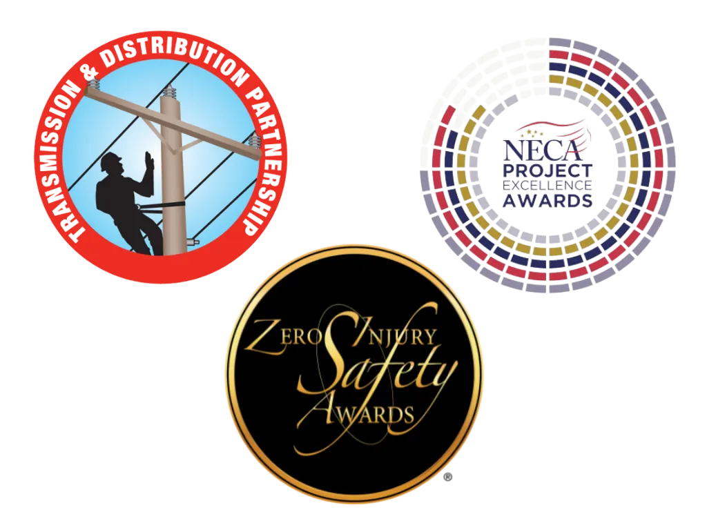awards logos including NECA, Zero injury safety, and transmission & distribution partnership
